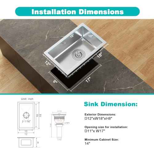 12 Inch Undermount Bar Sink 18 Gauge 304 Stainless Steel Brushed