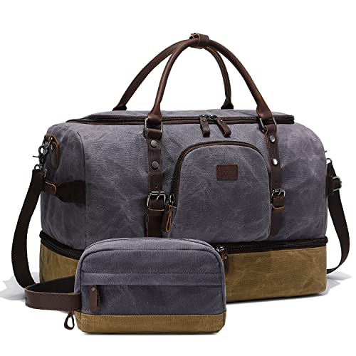 Nerlion Weekender Bag with Shoe Compartment Large Overnight Bag for Men Canvas Genuine Leather Carry on Luggage Bag Travel Duffel Bag