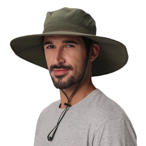 UPF50+ Mens Sun Hat Wide Brim Fishing Hat Large Foldable Brim UV Protection Hat for Men Bucket Beach Army Green