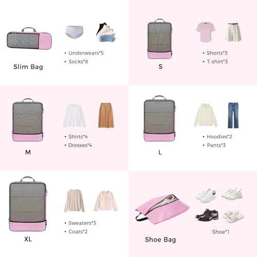 4 Set/6 Set/8 Set Compression Packing Cubes Travel Accessories Expandable Packing Organizers (Half Mesh, 6-Pink)