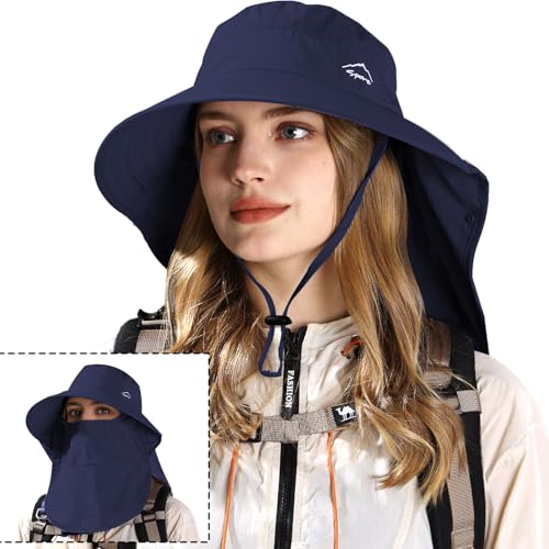Sun Hat for Men Women with Neck Flap& Removable Face Cover Wide Brim