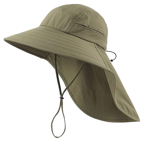 UPF 80+ Sun Hat for Men Women Wide Brim Fishing Hat with Neck Flap Summer Safari UV Protection Bucket Hat Army Green