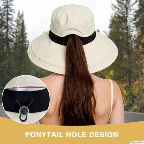 Sun Hats for Women Wide Brim Ponytail UV Protection Beach Hat Packable Waterproof Bucket Hat for Travel Hiking Gardening