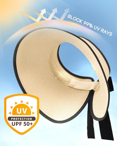 Women's Straw Sun Visor Hat UPF Wide Shade Ponytail Summer Hat
