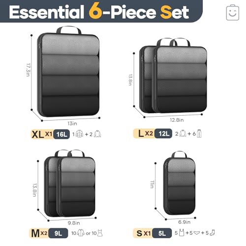 6/9/11 Set Compression Packing Cubes for Travel Essentials,Compressible Expandable Large Luggage Suitcase Organizer Bags for Clothing,Space Saver Bags with Over 1000 pcs of Mesh Holes(Black) (6 Count)