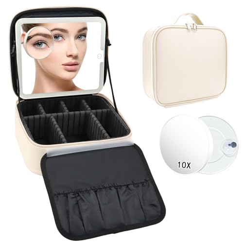 Travel Makeup Bag with LED Mirror and 10x magnifying glass with 3 Lighted Settings