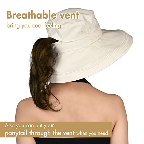 Womens Sun Hat with Ponytail Hole Cotton Shapeable Wide Brim Beige