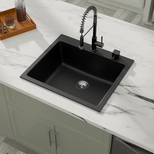 25" Quartz Sink Drop In Wet Bar Sink Black Prep Kitchen Sink Topmount Deep Single Bowl