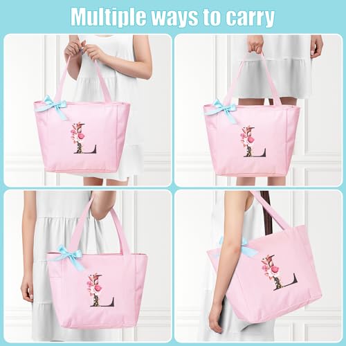 Tote Bag, A-Z Initial Monogrammed Waterproof Tote Bag, Bridesmaid Gifts for Women, Black and Pink (L, Pink)