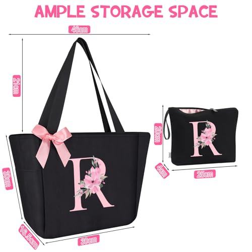 Tote Bag, A-Z Initial Monogrammed Waterproof Tote Bag, Bridesmaid Gifts for Women, Black and Pink (R, Black Set)
