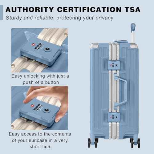 Luggage PC+ABS Aluminum Frame Zipperless Checked Luggage Hard Shell Suitcase TSA Lock Double Spinner Wheels 24 Inch Haze Blue