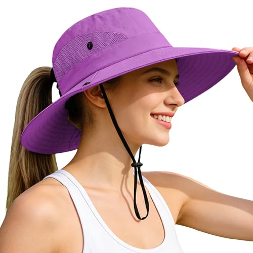 Ponytail Sun Bucket Hats for Women UV Protection Foldable Wide Brim