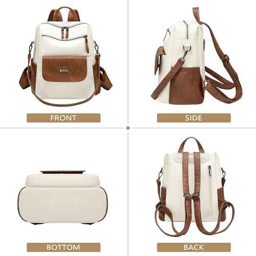 PU Leather Small Backpack Purse for Women Ladies White Brown