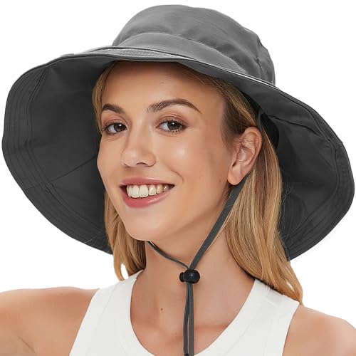 Sun Hats for Women UV Protection Wide Brim Hat with Ponytail Hole Grey