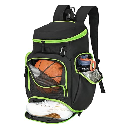 Large Basketball Backpack Sports Gym Bag with Ball Holder Ventilated Shoe Compartment Insulated Cooler Pockets Reflective Strips Fence Hook for Men Athletic Training