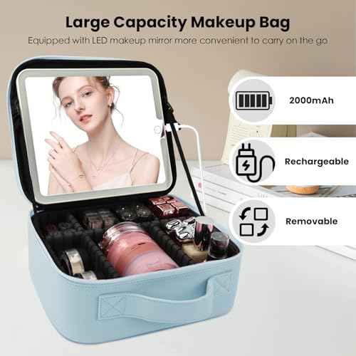 Travel Makeup Bag with LED Mirror and Light Travel Makeup Case Cosmetic Organizer Portable Cosmetic Brush Organizer Bag with Adjustable Dividers for Cosmetics Makeup Brushes Toiletry