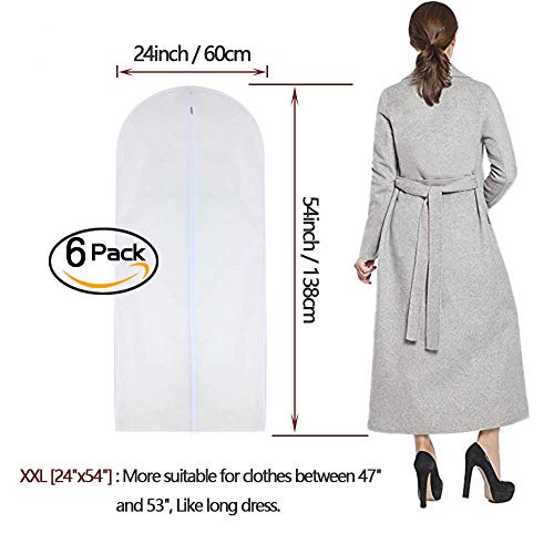 Dress Bags for Hanging Clothes 24'' x 54'' Long Dress Hanging Garment Bag White Breathable Garment Bags for Hanging Clothes Full Zipper Dust Cover for Storage Closet Pack of 6 (6 Count)