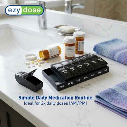 Weekly (7-Day) AM/PM Pill Organizer, Small Medicine Planner, Black