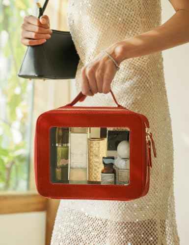 Clear Large Makeup Bag Mahjong Tile Bag with Zipper and Handle Red