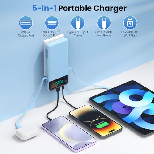 Portable Charger for iPhone with Built in Cables and Wall Plug