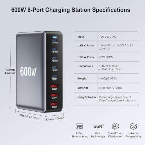 600W Fast Charging 8 Port USB C Charger Block with Nylon Fast Charging Cable