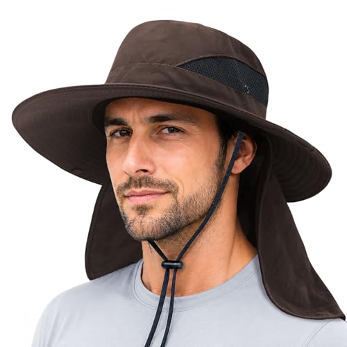 Sun Bucket Hats for Men Women Fishing Hat with Neck Flap Brown