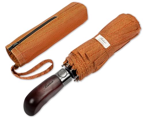 Folding Umbrella Real Wood Handle Herringbone Gold Flame