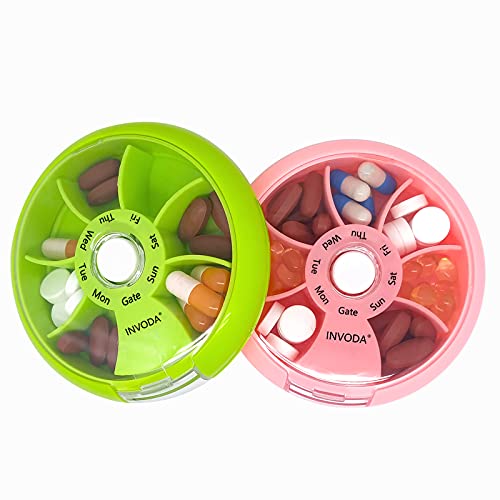 2PCS INVODA Weekly Pill Organizer 7 Compartment Rotating Pill Box for Daily (2 Count)