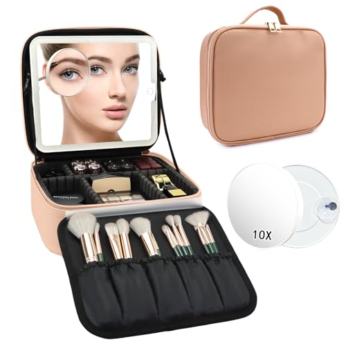 Travel Makeup Bag with LED Mirror and 10x magnifying glass with 3 Lighted Settings