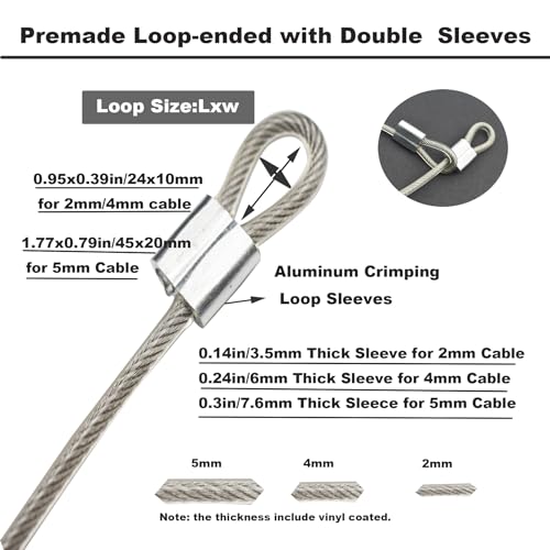 5 Pcs 4mm Wire 24 inch Vinyl Coated Stainless Steel Cable with Loops Short Wire Rope Lanyard Lock Security Chain Link for Outdoor Gates (5 Count)