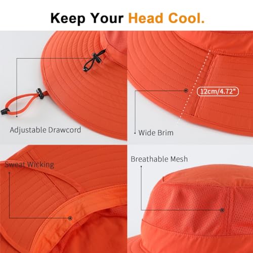 UPF50+ Mens Womens Sun Hat Wide Brim Fishing Hat Large Foldable Sun Protection Hat Beach Gardening Hat Orange