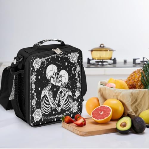 Skull Goth Rose Kids Lunch Box for Girls Boys Reusable Insulated Lunch Bag for Kids Toddler Thermal Cooler Spacious Lunchbox with Shoulder Strap Lunchbag for School Work Picnic (A07:Skull)