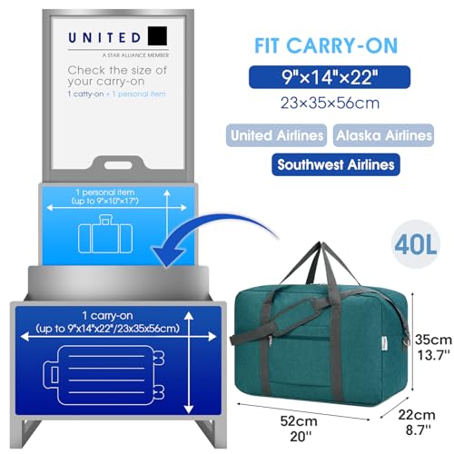 For United Airlines Foldable Carry on Bag 22x14x9 Travel Duffel Bag Packable luggage Duffle for Women and Men 40L