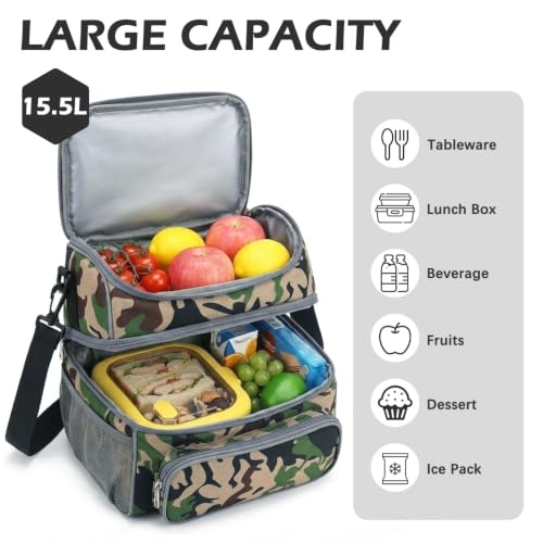 Double Layer Cooler Insulated Lunch Bag Adult Lunch Box Large Tote Bag for Men (Forest)