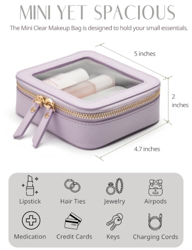 Small Cosmetic Bag for Purse Mini Makeup Bag for School Cute Clear Make Up Pouch for Travel Tiny Leather Purple Make Up Organizer Case for Backpack Toiletry Bag Waterproof Square Pouch with Zipper