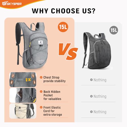 15L Foldable Hiking Backpack Lightweight Packable Travel Daypack with Chest Strap Small Outdoor Folding Back Pack Collapsible Bag for Women Men