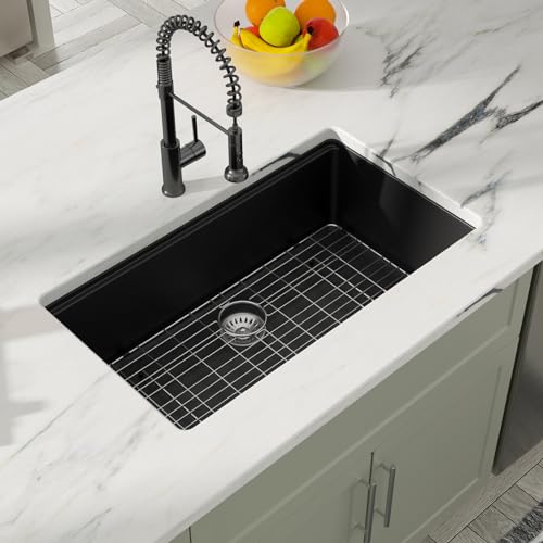Matte Black Quartz Kitchen Sink 33” Undermount Single Bowl