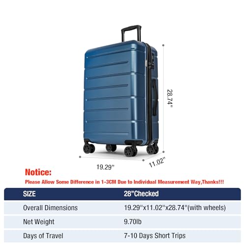 Large Suitcases with Wheels Hardshell 28 Inch Luggage TSA Approved Big Checked Luggage Durable Travel Rolling Suitcase for Women Men Light Blue