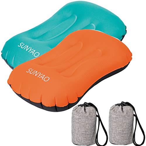 2 Pack Set Ultralight Inflatable Camping Pillows with Compact Pouch Sack Ergonomic Pillow for Neck & Lumbar Support While Camping (2 Count)