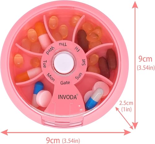 12PCS INVODA Weekly Pill Organizer 7 Compartment Rotating Daily Pill Box (12 Count)