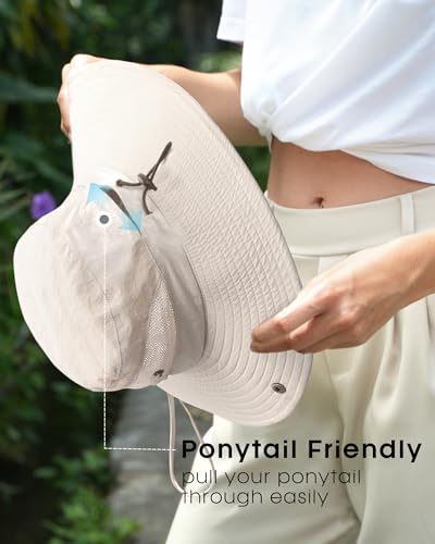 Womens Sun Hat with Ponytail Hole Beach Hiking Summer Wide Brim UPF 50+ Outdoor Protection Foldable Bucket Hat Beige