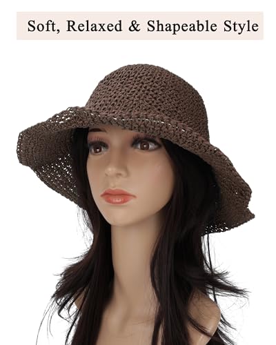 Womens Crochet Straw Sun Hat Foldable Floppy Wide Brim Beach Hat for Summer