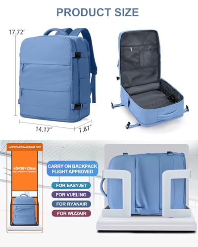Large Travel Backpack Carry On for Women Man Waterproof Gym Backpacks with Laptop Compartment Mochila de Viaje Teacher Personal Item Backpack Rucksack Airplane Accessories Must Haves Sky Blue