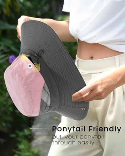 Womens Sun Hat with Ponytail Hole Beach Hiking Summer Wide Brim UPF 50+ Outdoor Protection Foldable Bucket Hat Pink