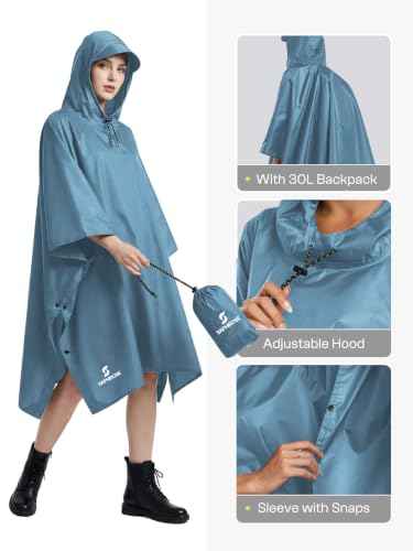 Adult Rain Poncho Waterproof Hooded Raincoat Lightweight Packable