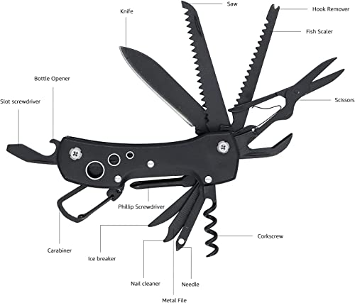 15-in-1 Stainless Steel Multitool Pocket Knife with Sheath for Hiking, Camping, Survival, Black, Pocket Size