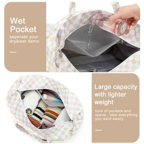 Waterproof Beach Tote Pool Bags for Women Ladies Extra Large Carry On Bag With Wet Compartment for Weekender Travel