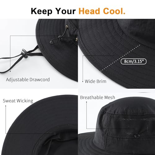 UPF50+ Mens Sun Hat Wide Brim Womens UV Protection Beach Bucket Hat Airy Fishing Hat Hiking Snap Up Cowboy Hat Black
