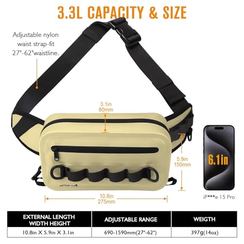 Waterproof Fishing Fanny Pack for Men 3.3L Fly Fishing Bag Chest Pack with Airtight Zipper Khaki