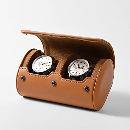 Brown Leather 2 Watch Roll Travel Case for Men